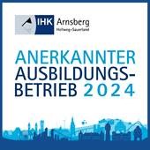 Eine Infografik mit den Schlagworten: IHK Arnsberg, Wir bilden aus, 2023, anerkannter Ausbildungsbetrieb