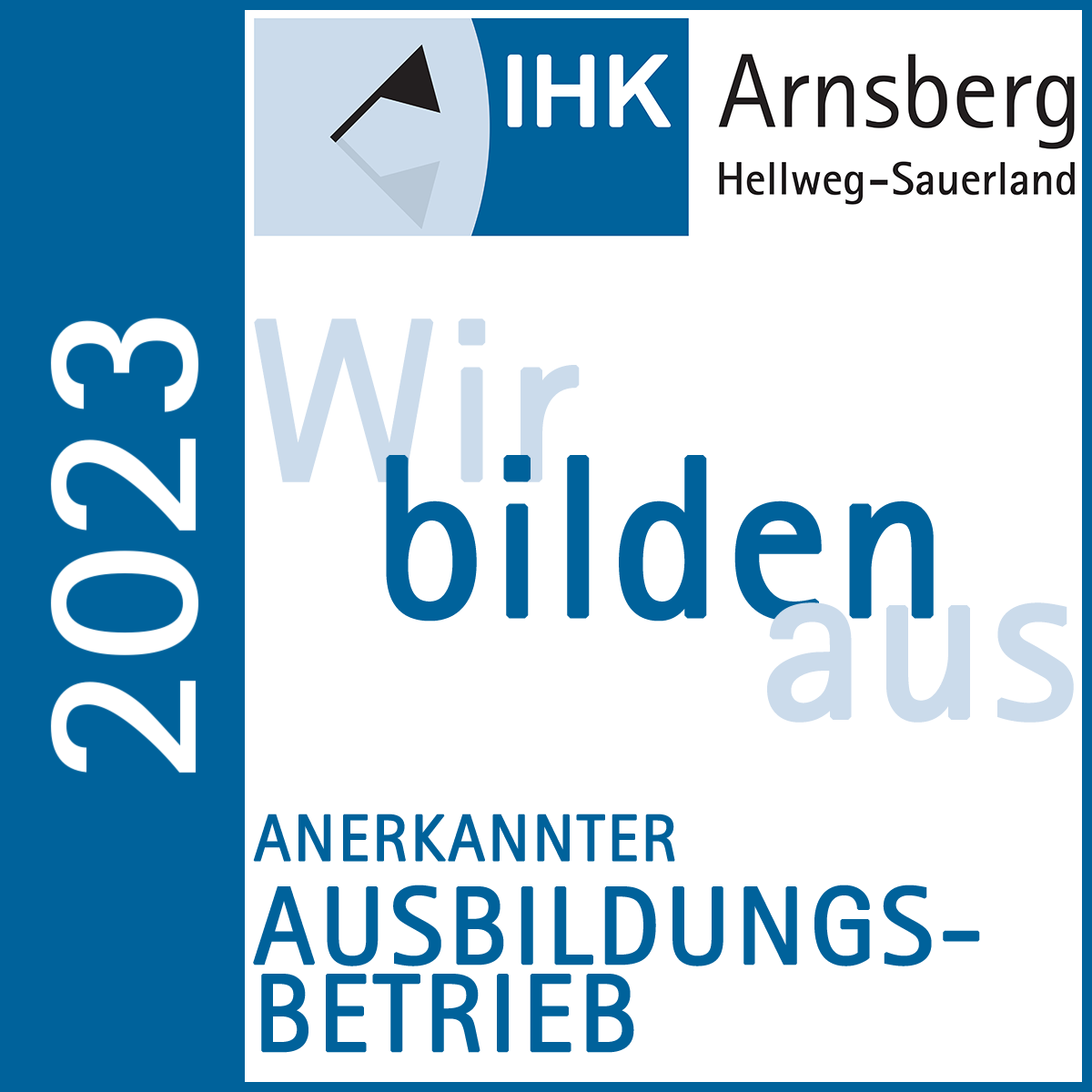 Eine Infografik mit den Schlagworten: IHK Arnsberg, Wir bilden aus, 2023, anerkannter Ausbildungsbetrieb